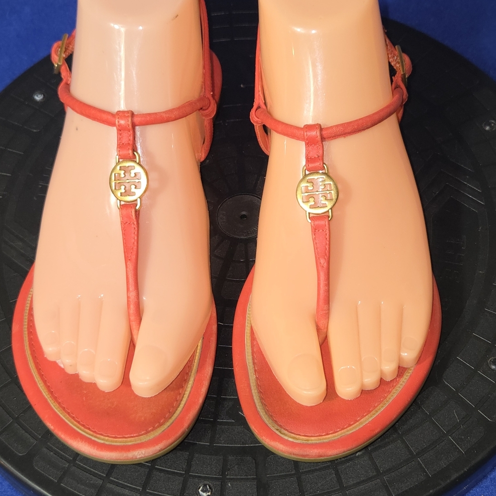 Tory Burch Emmy Samba Orange-Red Leather T-Strap Logo Sandals, Sz. 7.5-US, 38-EU